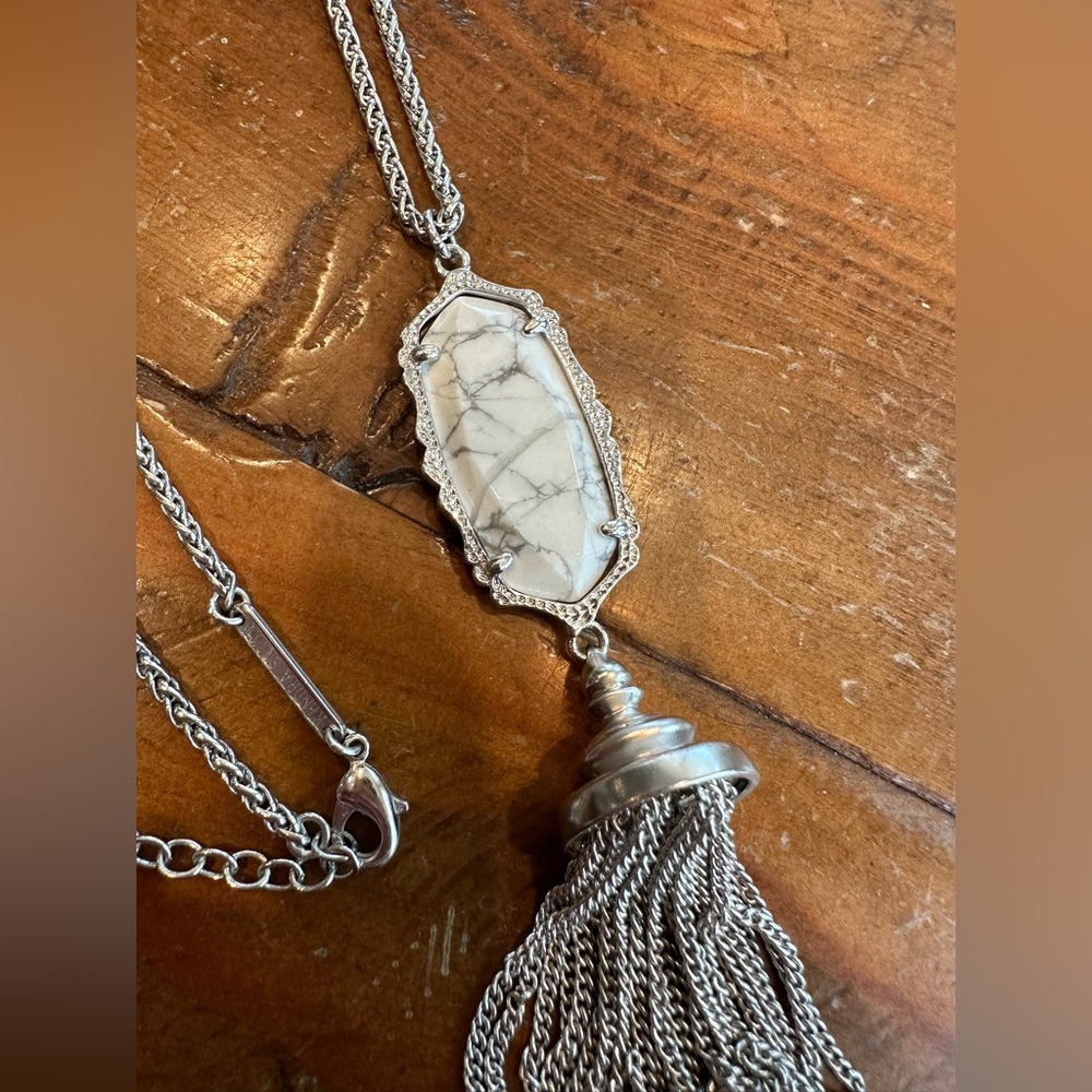 Kendra Scott White Howlite Stone Tassel Necklace Silver Hardware Rare